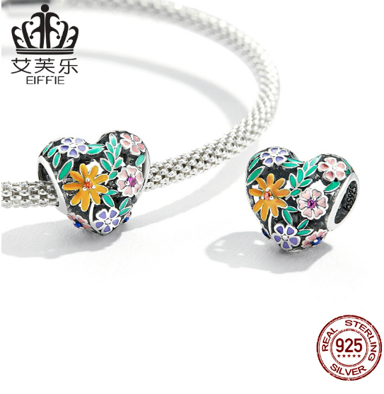 Avelle S925 Sterling Silver Flower Love Beaded Bracelet Color Drop Oil Zircon Heart-Shaped Plant Bead Accessories