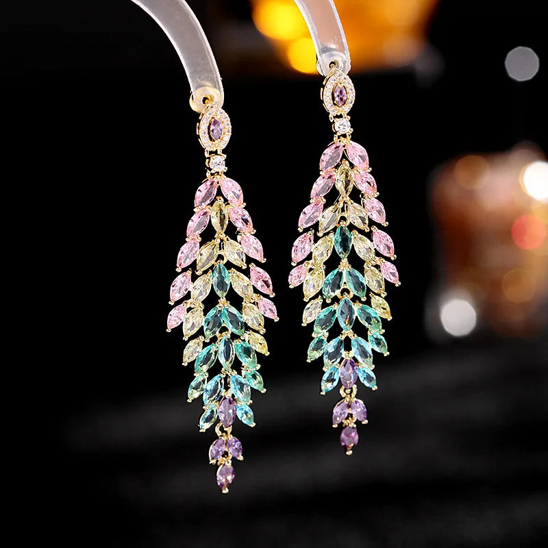 Tassel Earrings, Colorful Cubic Zirconia Earrings, Banquet Dress Accessories, Leaf Earrings