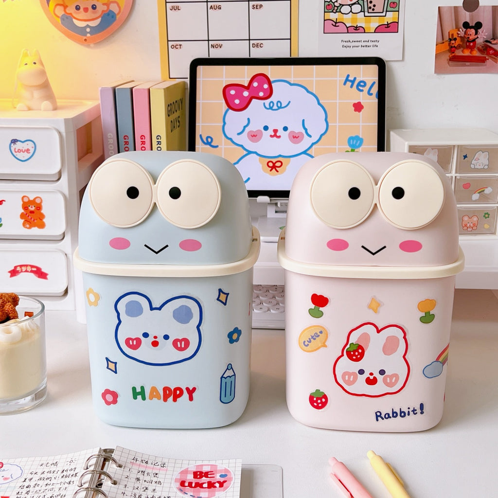 Cute Desktop Simple Flip Trash Can With Lid Student Dormitory With Small Cute Frog Storage Box Pen Holder