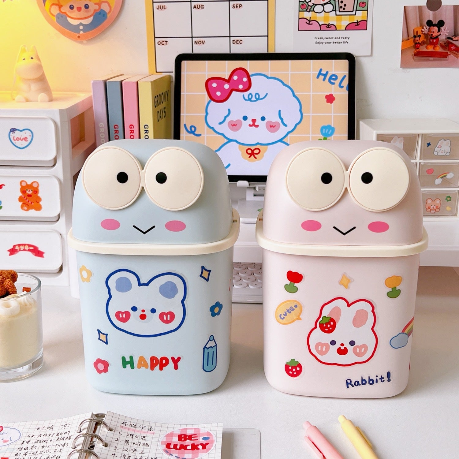 Cute Desktop Simple Flip Trash Can With Lid Student Dormitory With Small Cute Frog Storage Box Pen Holder