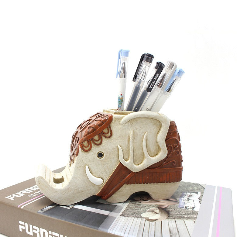 Elephant pen holder ornament creative resin animal shaped mobile phone holder for home storage