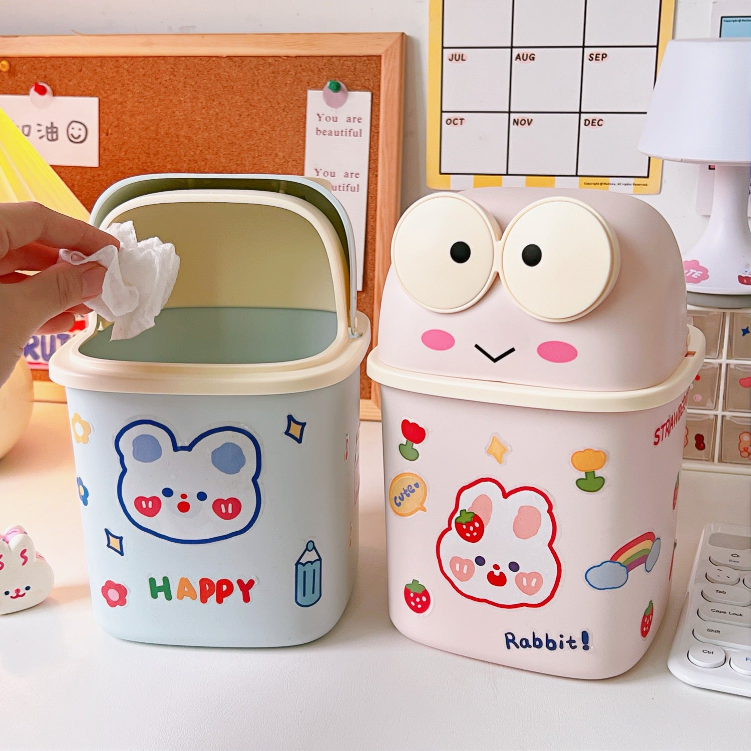 Cute Desktop Simple Flip Trash Can With Lid Student Dormitory With Small Cute Frog Storage Box Pen Holder