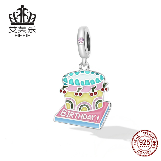 Sterling Silver S925 Cherry Cream Cake Pendant Bracelet Colorful Dripping Oil Fruit Food Pendant Accessories