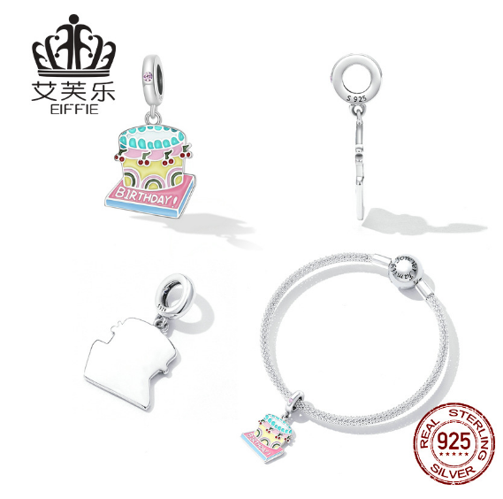 Sterling Silver S925 Cherry Cream Cake Pendant Bracelet Colorful Dripping Oil Fruit Food Pendant Accessories