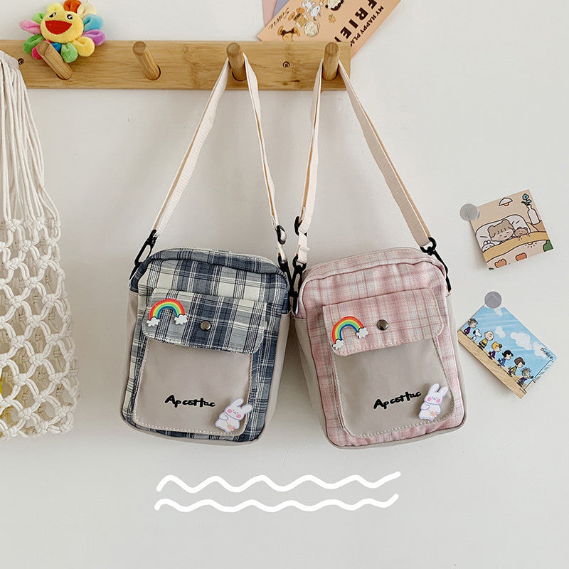 Plaid Canvas Contrast Color Small Bag New Trendy Casual Mobile Phone Bag Japanese Cute Girl Student Messenger Bag