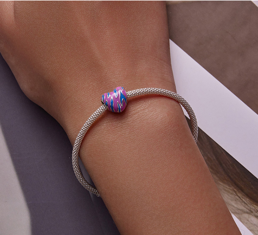 Sterling Silver s925 Contrasting Color Love Beaded Bracelet Blue Purple Drop Oil Heart-Shaped Irregular Pattern Beads Accessories