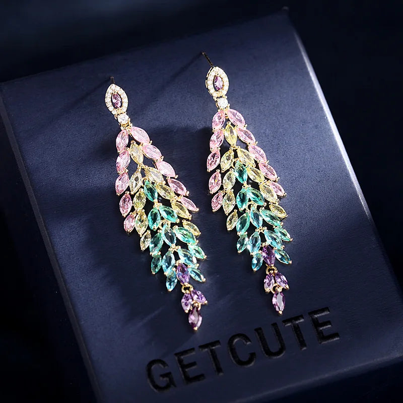 Tassel Earrings, Colorful Cubic Zirconia Earrings, Banquet Dress Accessories, Leaf Earrings