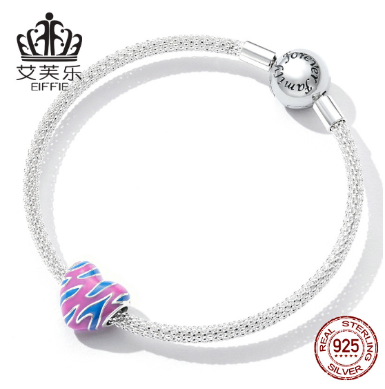 Sterling Silver s925 Contrasting Color Love Beaded Bracelet Blue Purple Drop Oil Heart-Shaped Irregular Pattern Beads Accessories