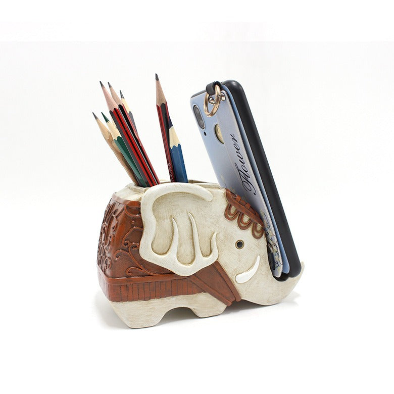 Elephant pen holder ornament creative resin animal shaped mobile phone holder for home storage