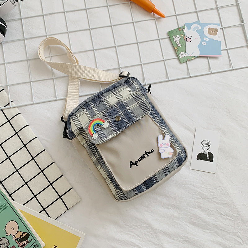 Plaid Canvas Contrast Color Small Bag New Trendy Casual Mobile Phone Bag Japanese Cute Girl Student Messenger Bag