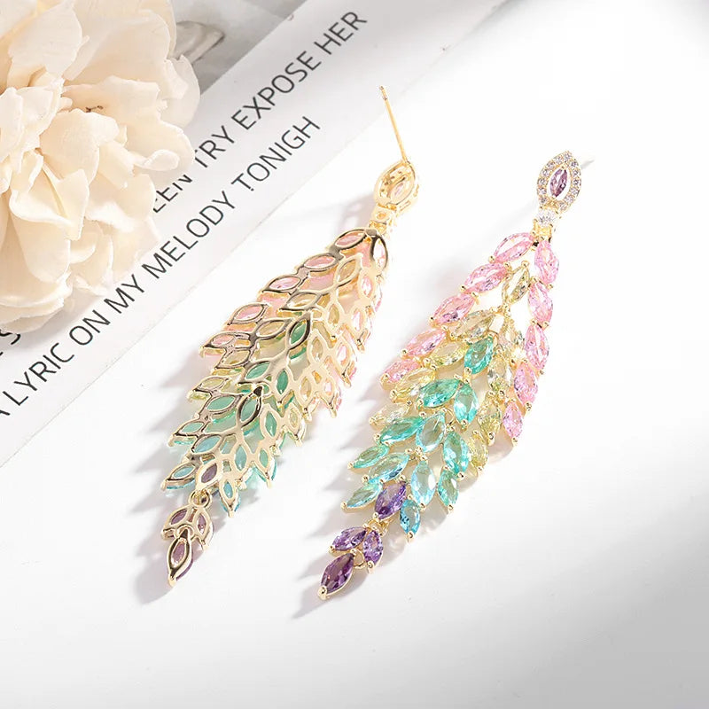 Tassel Earrings, Colorful Cubic Zirconia Earrings, Banquet Dress Accessories, Leaf Earrings