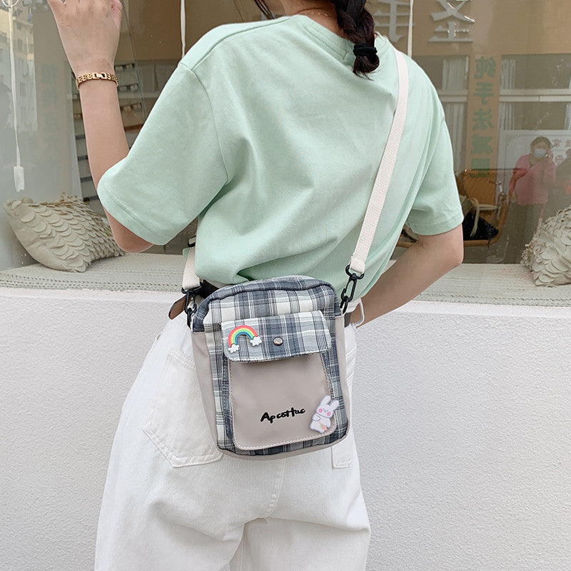 Plaid Canvas Contrast Color Small Bag New Trendy Casual Mobile Phone Bag Japanese Cute Girl Student Messenger Bag