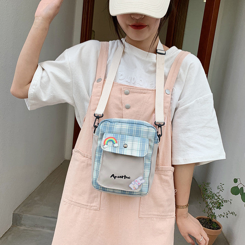Plaid Canvas Contrast Color Small Bag New Trendy Casual Mobile Phone Bag Japanese Cute Girl Student Messenger Bag