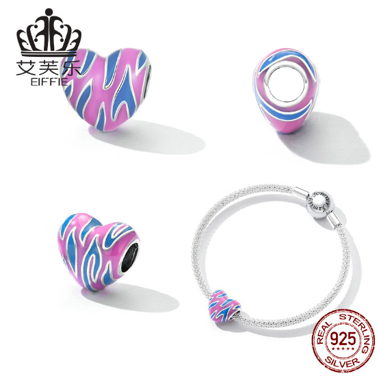 Sterling Silver s925 Contrasting Color Love Beaded Bracelet Blue Purple Drop Oil Heart-Shaped Irregular Pattern Beads Accessories