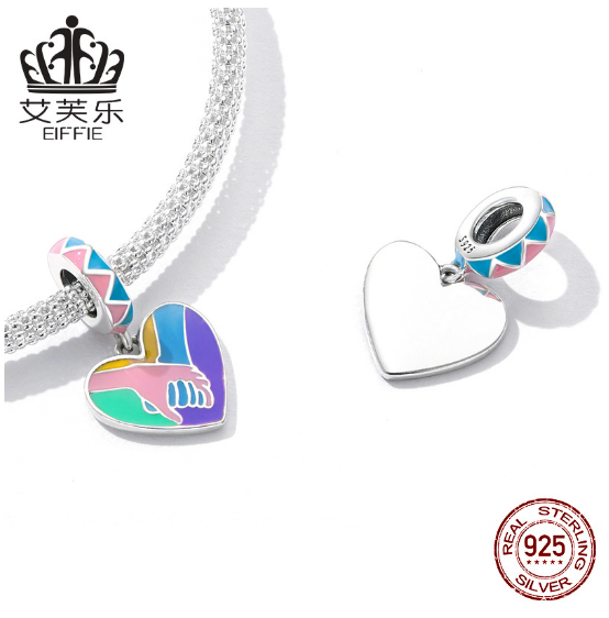Sterling Silver S925 Love Hand In Hand Pendant Bracelet Hit Color Dripping Oil Heart-Shaped Creative Pendant Jewelry Accessories