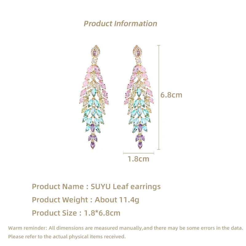 Tassel Earrings, Colorful Cubic Zirconia Earrings, Banquet Dress Accessories, Leaf Earrings