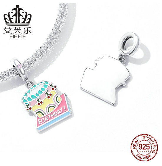 Sterling Silver S925 Cherry Cream Cake Pendant Bracelet Colorful Dripping Oil Fruit Food Pendant Accessories