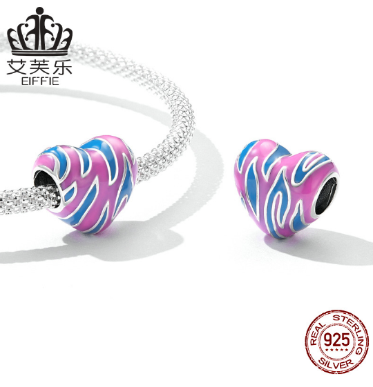 Sterling Silver s925 Contrasting Color Love Beaded Bracelet Blue Purple Drop Oil Heart-Shaped Irregular Pattern Beads Accessories