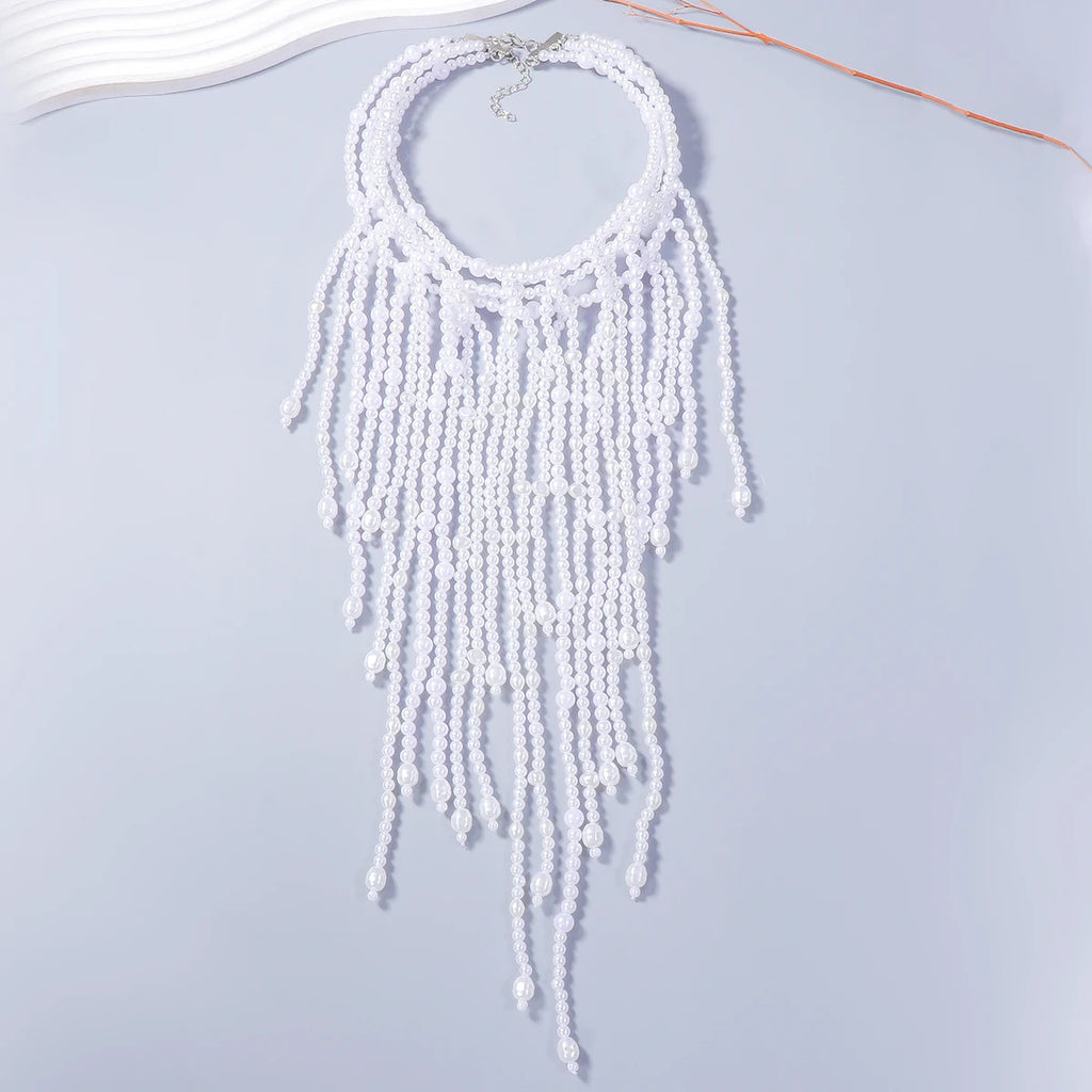 Vintage Imitation Pearls Waterfall Tassels Necklaces for Women Multilayer Choker Necklace Jewelry Holiday Party Accessories