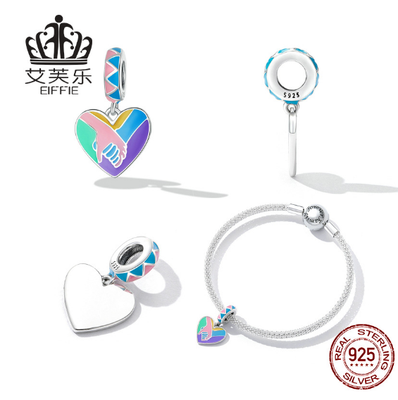 Sterling Silver S925 Love Hand In Hand Pendant Bracelet Hit Color Dripping Oil Heart-Shaped Creative Pendant Jewelry Accessories
