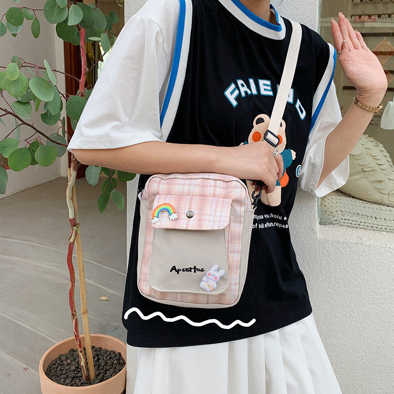 Plaid Canvas Contrast Color Small Bag New Trendy Casual Mobile Phone Bag Japanese Cute Girl Student Messenger Bag