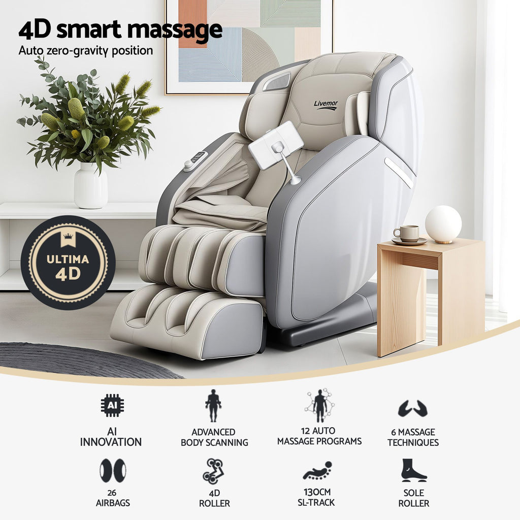 Livemor 4D Massage Chair Recliner - Full Body SL-Track Zero Gravity with AI Body Scan, Deep Tissue Electric Massager with Heat, 12 Auto Programs, LCD Touchscreen & Bluetooth, Grey