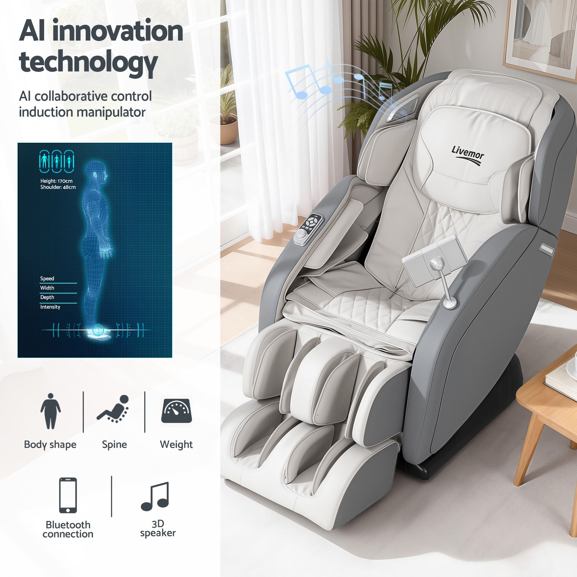 Livemor 4D Massage Chair Recliner - Full Body SL-Track Zero Gravity with AI Body Scan, Deep Tissue Electric Massager with Heat, 12 Auto Programs, LCD Touchscreen & Bluetooth, Grey