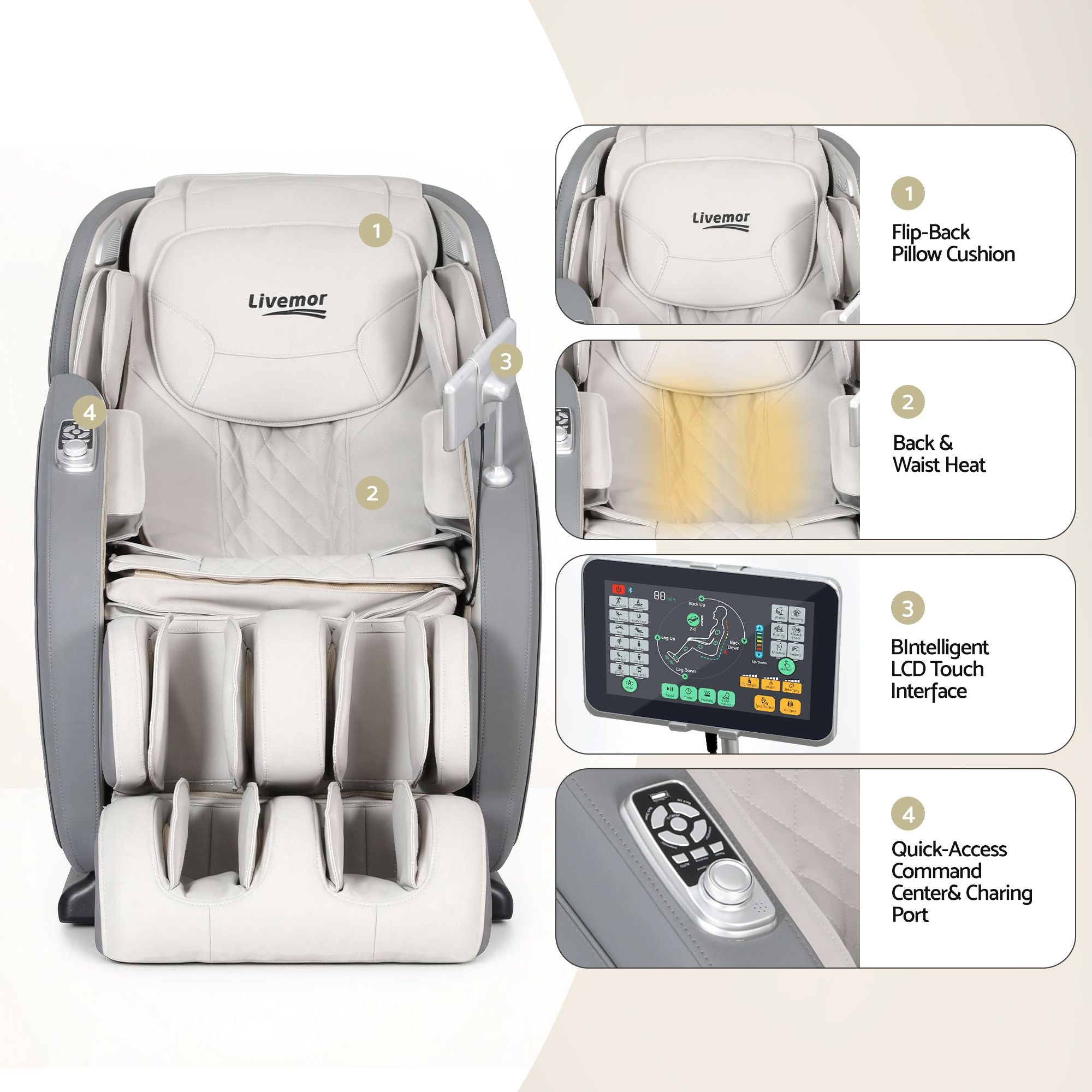 Livemor 4D Massage Chair Recliner - Full Body SL-Track Zero Gravity with AI Body Scan, Deep Tissue Electric Massager with Heat, 12 Auto Programs, LCD Touchscreen & Bluetooth, Grey