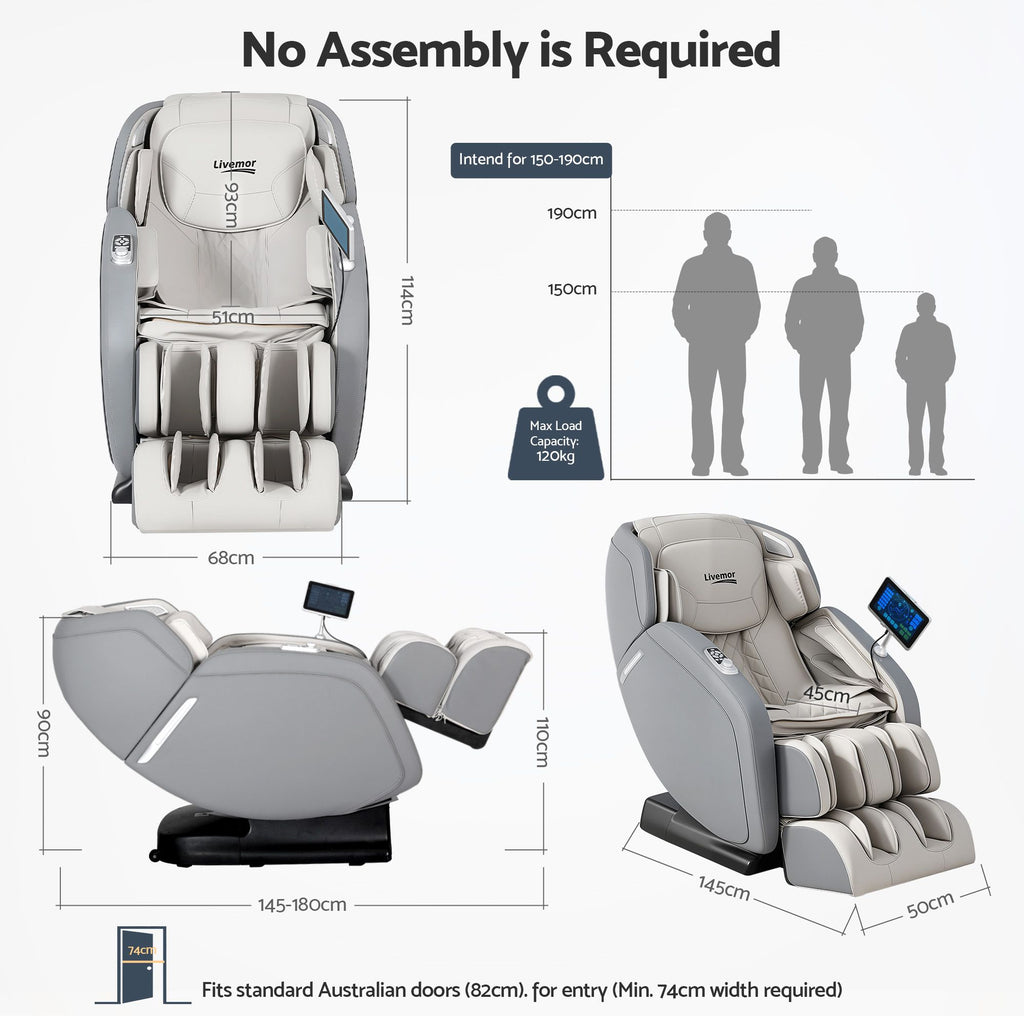 Livemor 4D Massage Chair Recliner - Full Body SL-Track Zero Gravity with AI Body Scan, Deep Tissue Electric Massager with Heat, 12 Auto Programs, LCD Touchscreen & Bluetooth, Grey