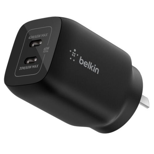Belkin Dual USB-C 65W (45W + 20W) Wall Charger - Black (ENA007auBK), Compact, Travel-Friendly, Ideal for Nintendo Switch 2, 2 Years Warranty