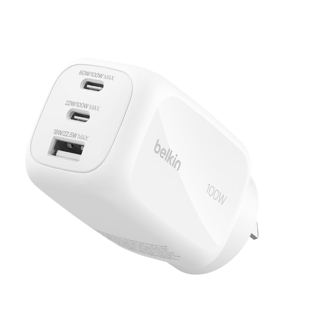 Belkin BoostCharge Pro 100W 3-Port GaN Wall Charger - White (WCH016AUWH), 2x USB-C, 1x USB-A, Compact Laptop Charger, CEW $2500, 2 Years Warranty
