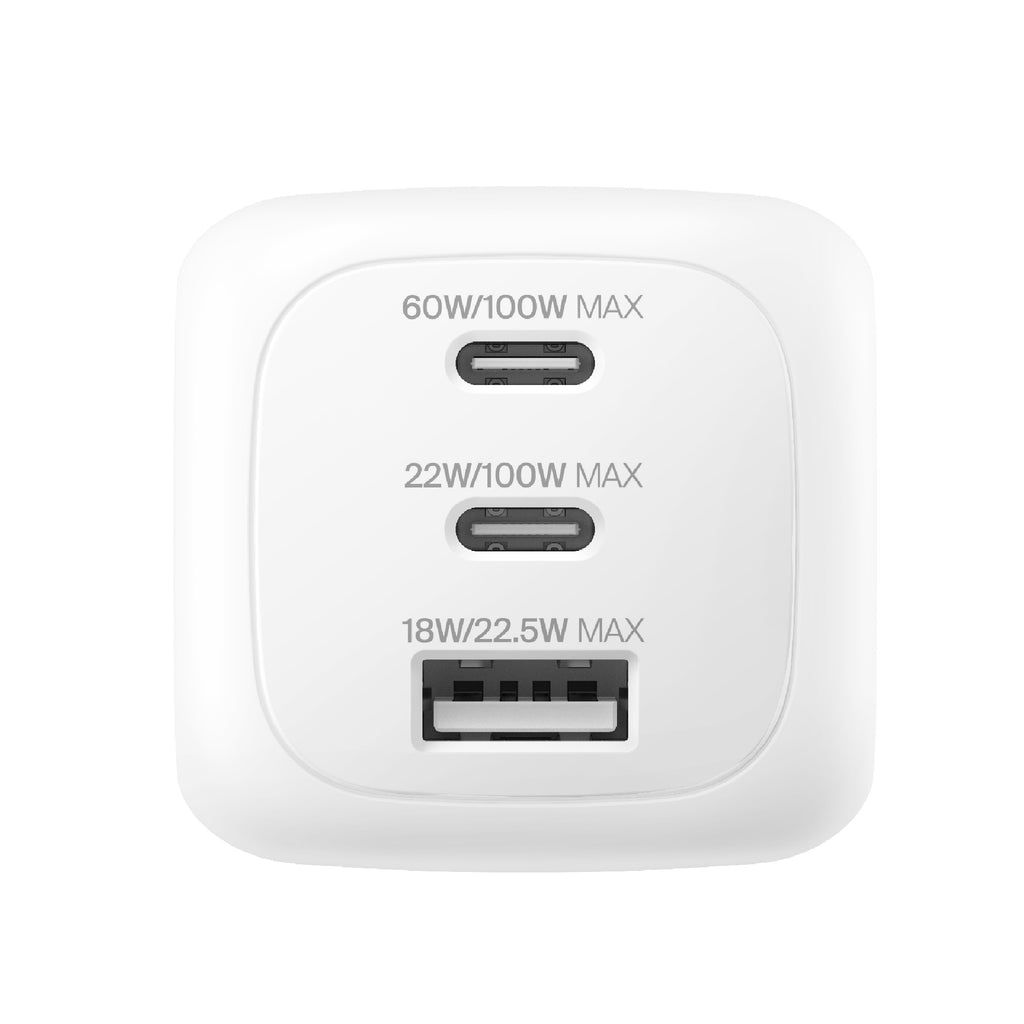 Belkin BoostCharge Pro 100W 3-Port GaN Wall Charger - White (WCH016AUWH), 2x USB-C, 1x USB-A, Compact Laptop Charger, CEW $2500, 2 Years Warranty