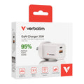 Verbatim 2 Port 35 Watt Portable GaN charger, 1 x USB-C PD 35w, 1x USB-A QC 3.0, Compact Design Apple, Android, Samsung, Google, Huawei, Oppo