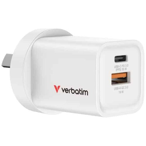 Verbatim 2 Port 35 Watt Portable GaN charger, 1 x USB-C PD 35w, 1x USB-A QC 3.0, Compact Design Apple, Android, Samsung, Google, Huawei, Oppo