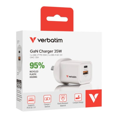 Verbatim 3 Port 65 Watt Portable GaN charger, 2 x USB-C PD 65w, 1x USB-A QC 3.0, GNC-65A Compact Design Apple, Android, Samsung, Google