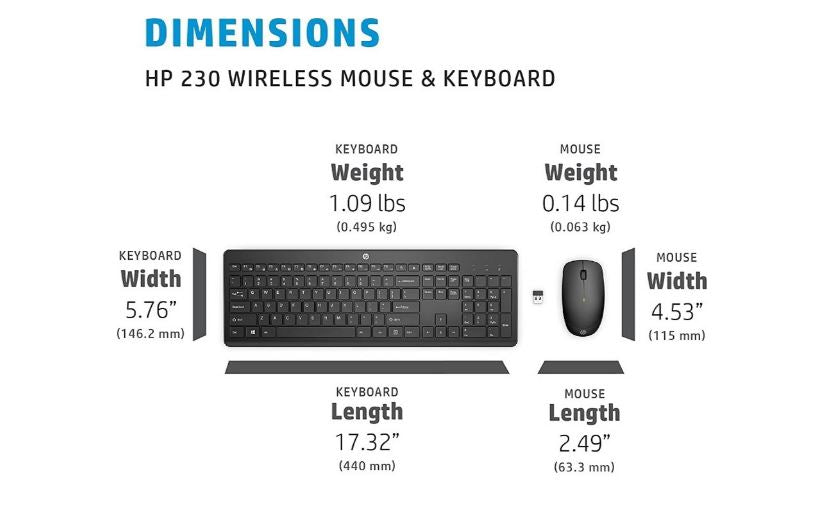 HP 230 USB Wireless Keyboard & Mouse Combo 2.4GHz 12 function keys Chiclet Comfortable Low Noise 1600DPI Mouse Light Weight Long Battery Life