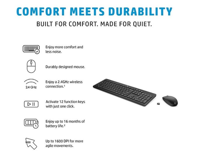 HP 230 USB Wireless Keyboard & Mouse Combo 2.4GHz 12 function keys Chiclet Comfortable Low Noise 1600DPI Mouse Light Weight Long Battery Life