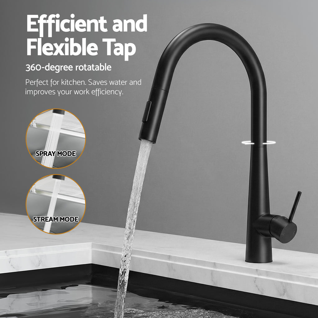 Cefito Stainless Steel Sink 75x45CM With Pull Out Mixer Tap Kitchen Basin Single Bowl Black