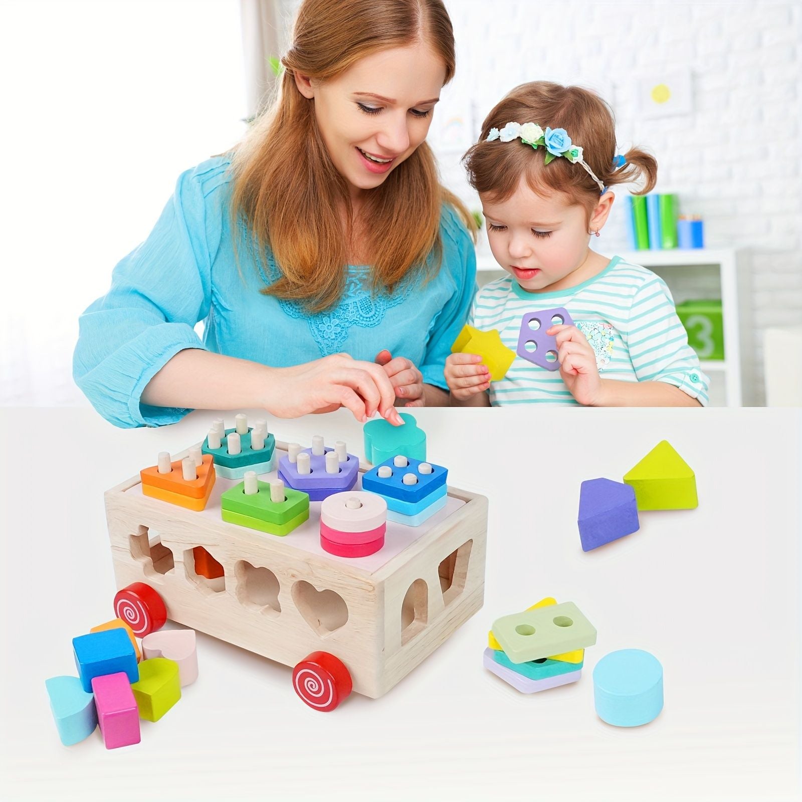 color wooden shape sorting toy, educational toy Australia, kids wooden toy, shape recognition, colour recognition, early childhood development, toddler puzzle, toy with wheels, Australian toy, wooden learning toy