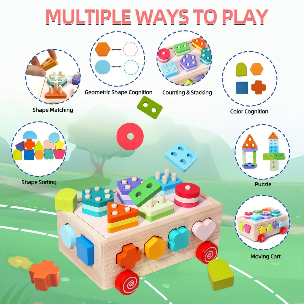 color wooden shape sorting toy, educational toy Australia, kids wooden toy, shape recognition, colour recognition, early childhood development, toddler puzzle, toy with wheels, Australian toy, wooden learning toy