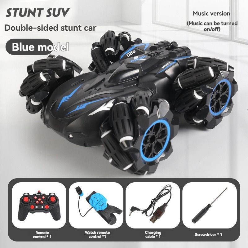2.4G remote control car, electric stunt car, drifting car, spray function, kids toy car, double-sided stunt car, watch remote control, outdoor RC toy, rechargeable toy car - Black and orange - Size Dual-control