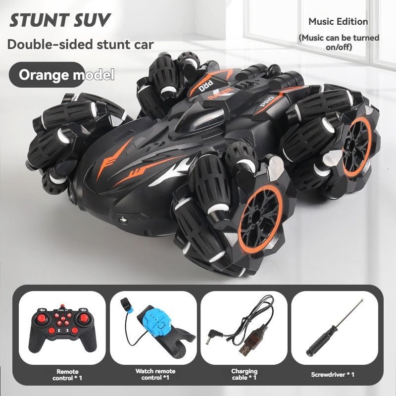 2.4G remote control car, electric stunt car, drifting car, spray function, kids toy car, double-sided stunt car, watch remote control, outdoor RC toy, rechargeable toy car - Blue - Size Dual-control