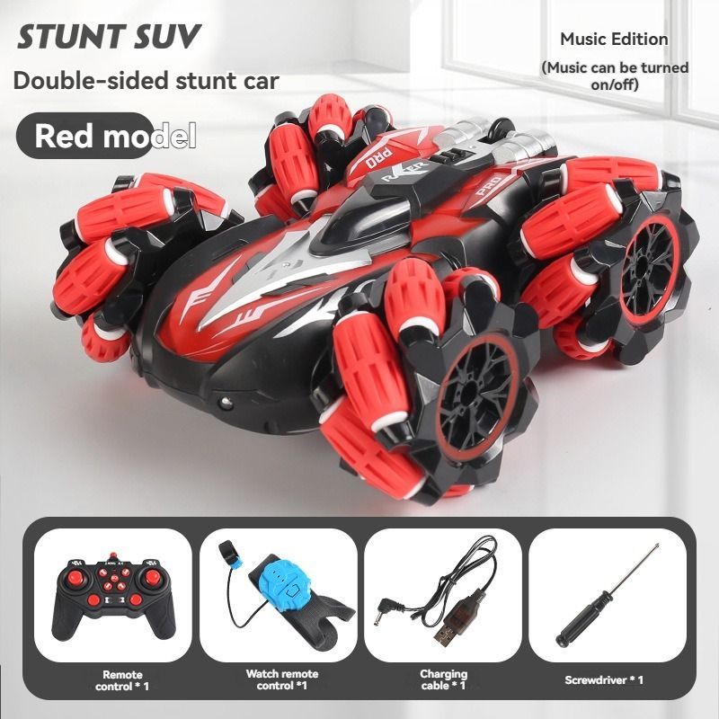 2.4G remote control car, electric stunt car, drifting car, spray function, kids toy car, double-sided stunt car, watch remote control, outdoor RC toy, rechargeable toy car - Red - Size Dual-control