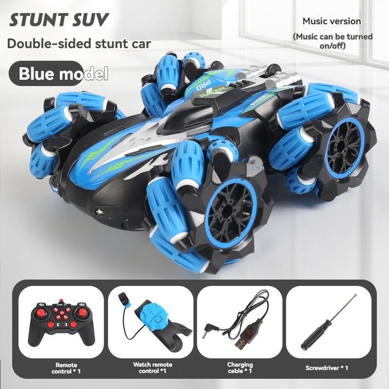 2.4G remote control car, electric stunt car, drifting car, spray function, kids toy car, double-sided stunt car, watch remote control, outdoor RC toy, rechargeable toy car - Red - Size Dual-control