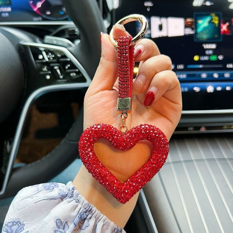 red heart keychain, hollowed-out clay keychain, full diamond keychain, car key accessory, women's fashion accessory, Australian fashion, gift for her, sparkly keychain, clay keyring - White - Size Simple buckle
