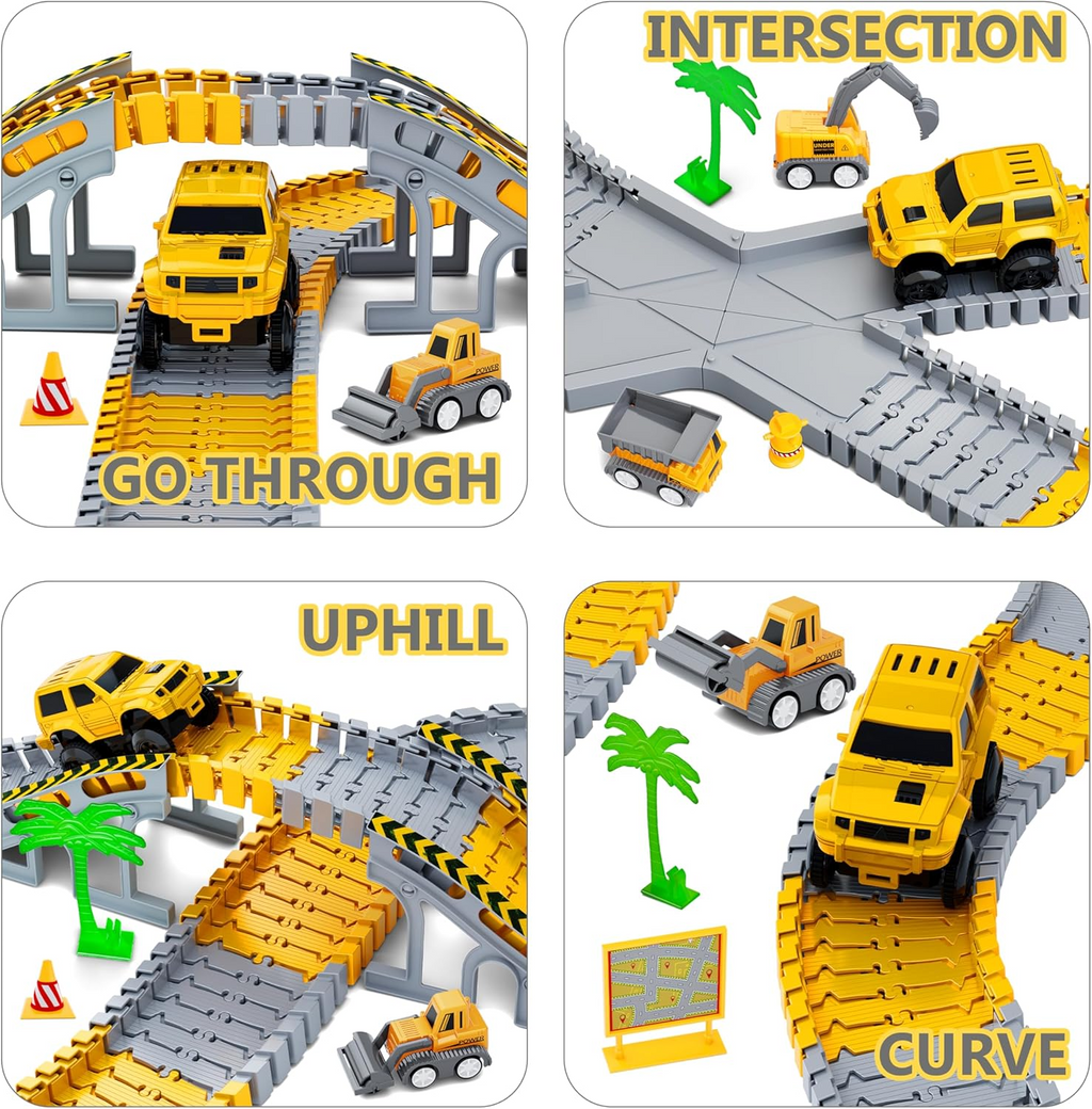 343 track-building sets, track-course - STEM learning toys, construction vehicles (concrete mixers, dump trucks), Track-birthday/Christmas gifts for boys - Developing motor skills and creativity - Compatible with the major
