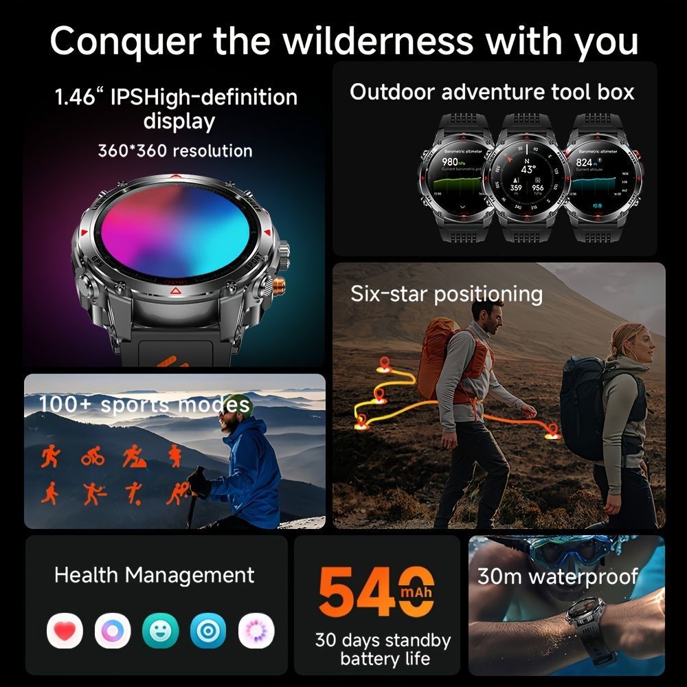 Men'S Outdoor Smart Watch GPS Sports Watch Water-Resistant Smart Watch Wireless - Black orange - Size 01