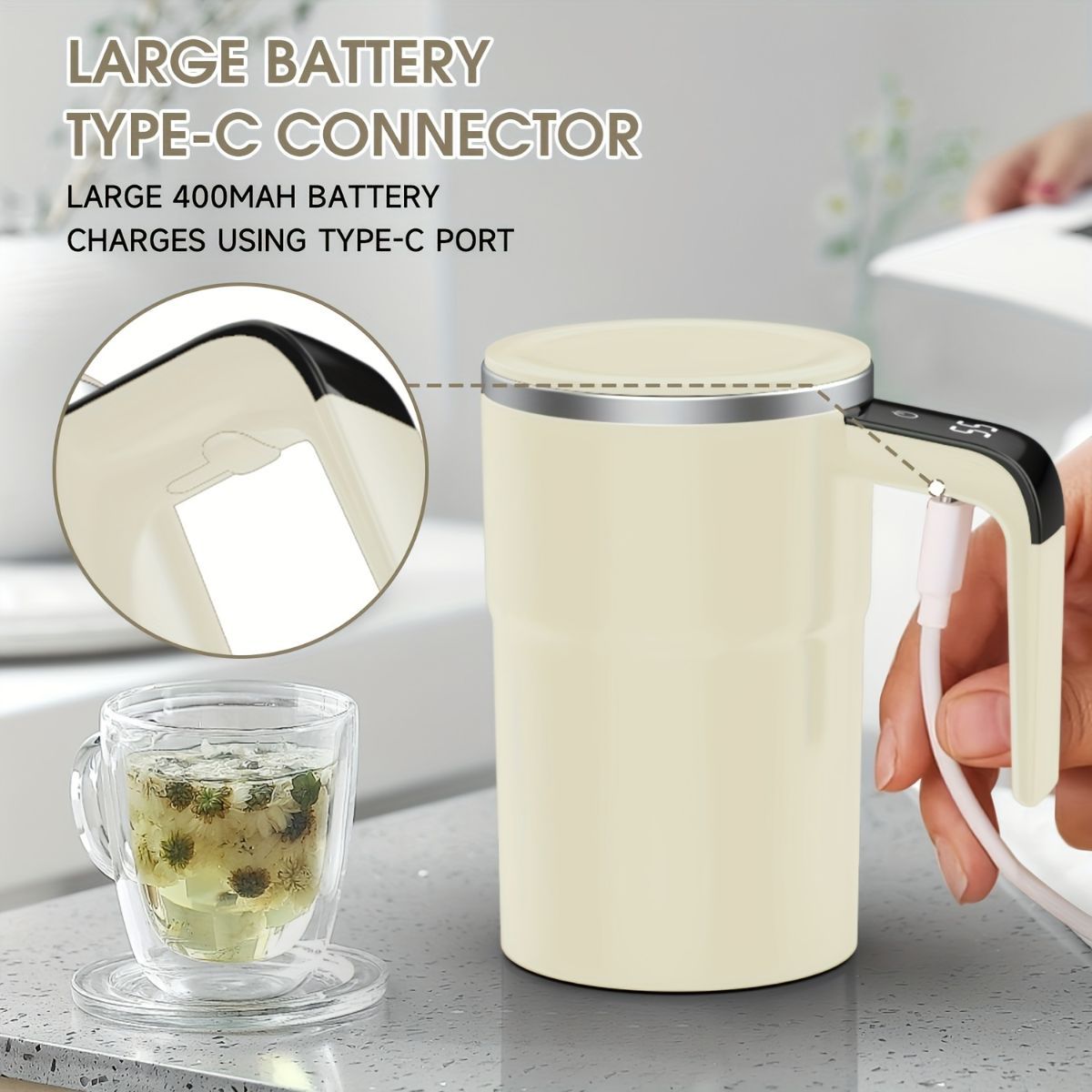 Self-Stirring Coffee Mug Automatic Stir Mug LED Temperature Mug Rechargeable - Black - Size 380ML