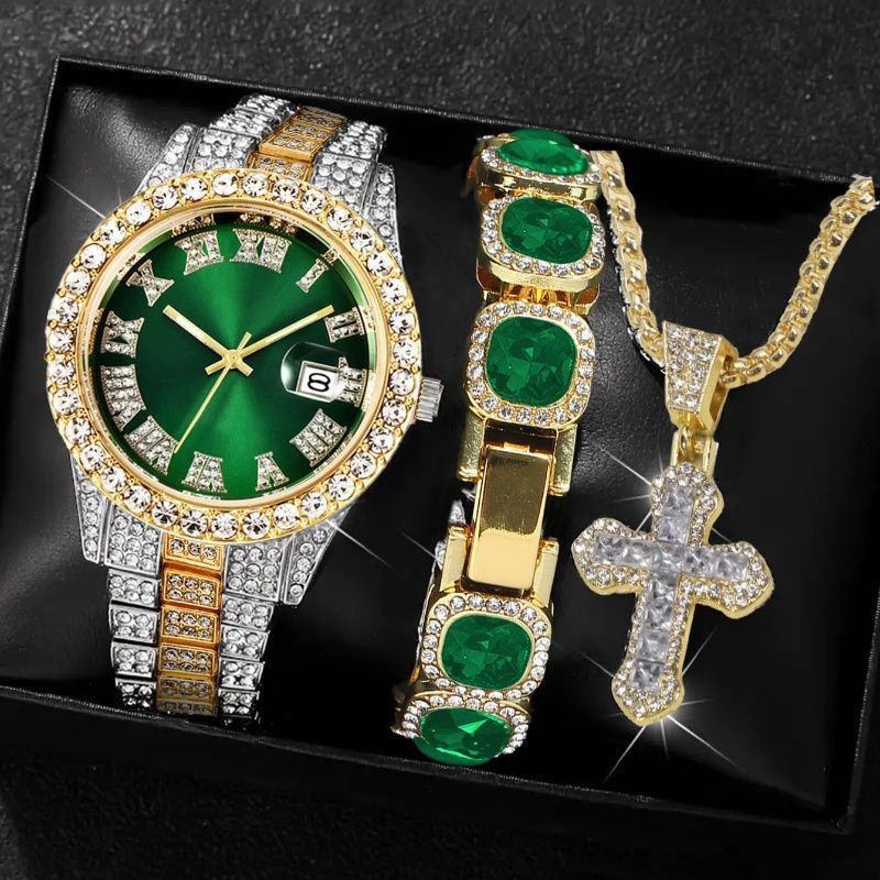 Men'S Watch Set Luxury Men'S Watch Artificial Gemstone Bracelet Cross Necklace - Green - Size 1