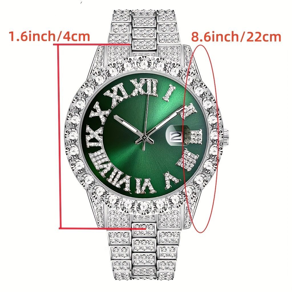 Men'S Watch Set Luxury Men'S Watch Artificial Gemstone Bracelet Cross Necklace - Green - Size 1